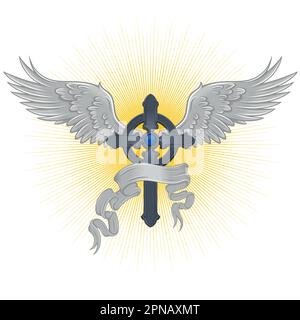 Vector design of winged cross with ribbon, heavenly cross with wings, Christian symbology of paradise Stock Vector