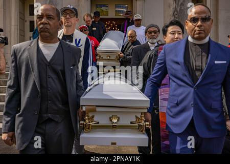 NASHVILLE, TENNESSEE - APRIL 17: Gun safety advocates and faith leaders carry empty caskets symbolizing victims to the Tennessee Capitol for a ?'Moral Monday?'? rally to address gun violence on April 17, 2023 in Nashville, Tennessee. In the wake of the March shooting at The Covenant School, in the Green Hills neighborhood of Nashville, organizations have mobilized around U.S. Rep ?Justin Jones? (?D-Nashville?), and ?U.S. Rep ?Justin J. Pearson? (??D-Memphis?)? ?who ?have drawn? ?national attention? ?pushing for gun safety laws.? (Photo by Michael Nigro/Sipa USA) Stock Photo