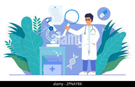 The doctor holds a magnifying glass for examination Stock Vector