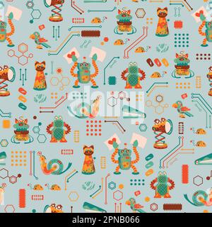 Cute and Colorful Robots in green, orange, yellow and reddish colors on a light green circuit board background Stock Vector