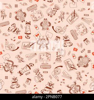Brown, off-white and red sketchy but Cute Office Robots on a fabric look background Stock Vector