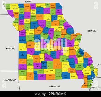 Colorful Missouri political map with clearly labeled, separated layers ...