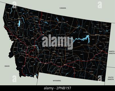 High detailed Montana road map with labeling. Stock Vector