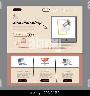 Sms marketing flat landing page website template. Article writing, web banner, website. Web banner with header, content and footer. Vector Stock Vector