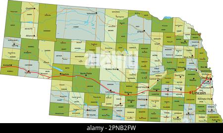 Highly detailed editable political map with separated layers. Nebraska. Stock Vector