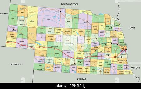 Nebraska - Highly detailed editable political map with labeling. Stock Vector