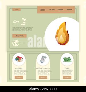 Fire flat landing page website template. Eco house, factory pollution, forest. Web banner with header, content and footer. Vector illustration. Stock Vector