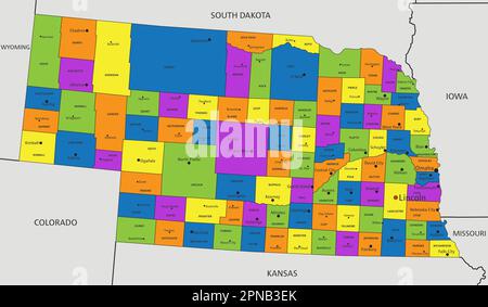 Colorful Nebraska political map with clearly labeled, separated layers. Vector illustration. Stock Vector