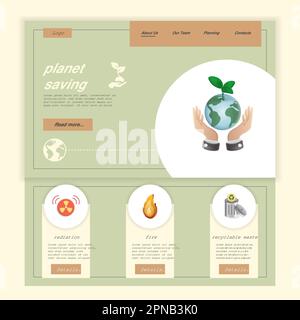 Planet saving flat landing page website template. Radiation, fire, recyclable waste. Web banner with header, content and footer. Vector illustration. Stock Vector
