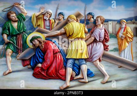 Fatima church.  Passion of Christ. Way of the cross.  3rd Station: Jesus falls the first time.  Ho Chi Minh City. Vietnam. Stock Photo