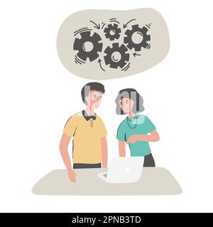 Elderly couple looking at laptop computer with smile in living room Vector illustration . Stock Vector