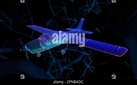 Aircraft. Airplane with piston engine and propeller. Polygonal line Digital 3d model Stock Photo