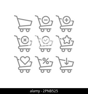 Shopping cart with checkmark, arrows line icon set. Add to cart with star and heart, plus and minus sign outlined icons. Stock Vector