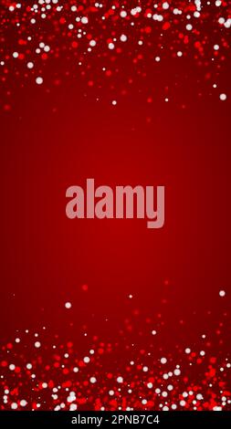 Magic falling snow christmas background. Subtle flying snow flakes and stars on christmas red background. Magic falling snow holiday scenery. Vertical Stock Vector