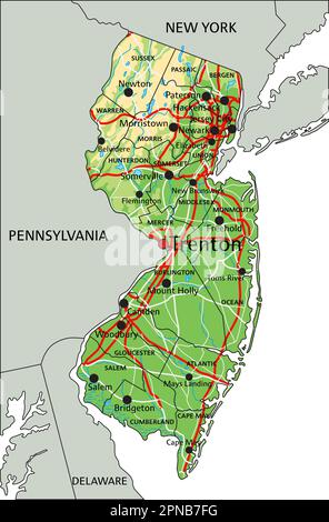 High detailed New Jersey physical map with labeling Stock Vector Image ...