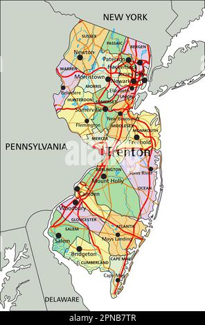 New Jersey - Highly detailed editable political map with labeling Stock ...