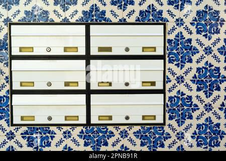 portuguese wall with mailboxes and Traditional tile Azulejo Stock Photo