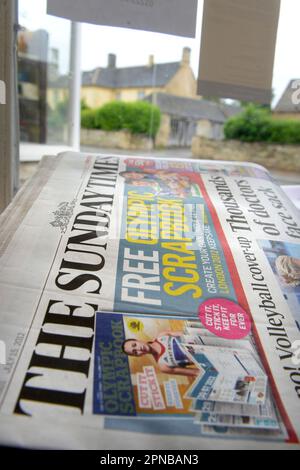 Various shots of the Sunday Times newspaper in a village shop. Stock Photo