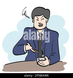 line art businessman feeling angry on smartphone illustration vector hand drawn isolated on white background Stock Vector