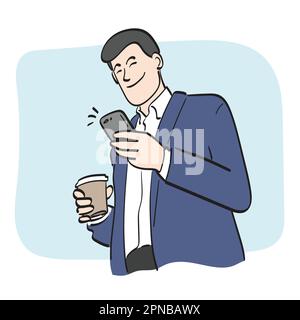 line art businessman using smartphone and holding takeaway hot coffee cup illustration vector hand drawn isolated on white background Stock Vector