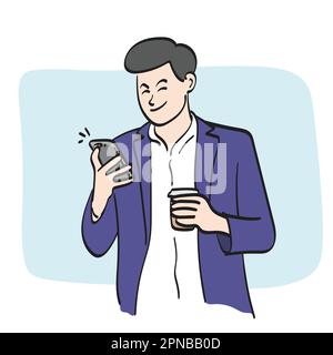 line art businessman using smartphone and takeaway coffee cup in hand illustration vector hand drawn isolated on white background Stock Vector