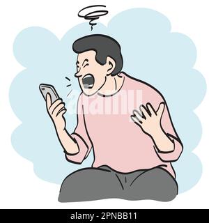 line art man shouting on smartphone with anger illustration vector hand drawn isolated on white background Stock Vector