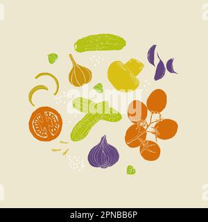 Vegetables illustration circle clipart composotion hand drawn retro colors style vector Stock Vector