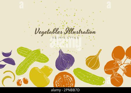 Vegetables illustration background hand drawn retro colors style vector Stock Vector