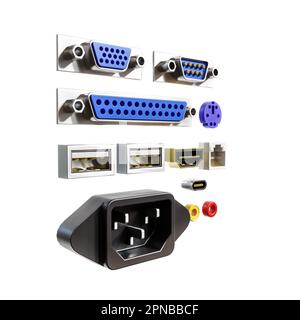 3D rendering of basic set of computer poerts and sockets Stock Photo