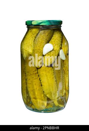 Cucumbers of preserve. Pickled, Salted, cucumbers canned in a glass jar. Stock Photo