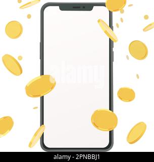 Golden coins falling around realistic smartphone illustration vector Stock Vector