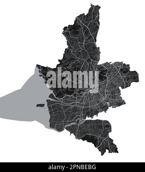 Kumamoto map. Detailed vector map of Kumamoto city administrative area. Cityscape poster metropolitan aria view. Black land with white roads and avenu Stock Vector