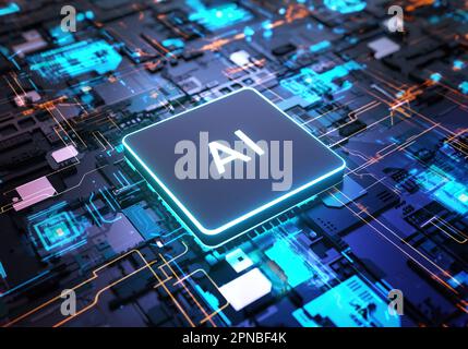 AI, Artificial Intelligence chipset processor on circuit board working on data analysis, machine learning and futuristic technology concept Stock Photo