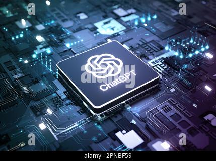 Valencia, Spain - April, 2023: ChatGPT chipset processor concept on circuit board, AI, Artificial Intelligence chatbot developed by OpenAI, machine le Stock Photo