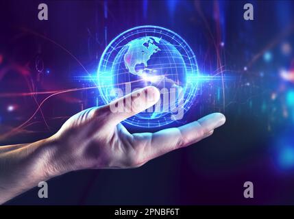 Hand showing a futuristic world hologram and how AI technology will change our lives, unity with human and Artificial intelligence concept, machine le Stock Photo