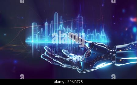 AI, Artificial intelligence, robot hand showing a futuristic city and how AI will change our lives, unity with human and ai concept, machine learning Stock Photo