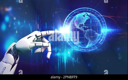 AI, Artificial intelligence, robot hand touching and changing the world, unity with human and ai concept, machine learning and futuristic technology b Stock Photo