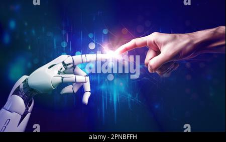 AI, Artificial intelligence, robot and human hands are touching and connecting, unity with human and ai concept, machine learning and futuristic techn Stock Photo