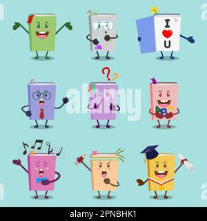 Cute Book Characters With Expressions Set Stock Vector