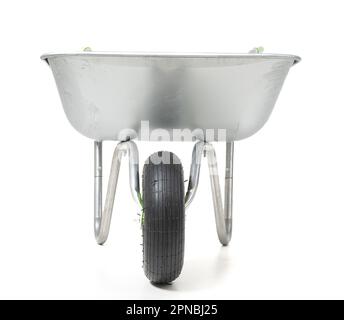 Galvanised steel wheelbarrow on a white background Stock Photo