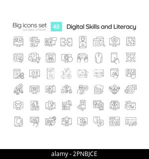 Digital skills and literacy linear icons set Stock Vector