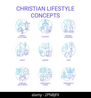 Christian lifestyle blue gradient concept icons set Stock Vector