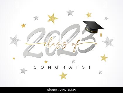 2023 class of Congrats, silver logo text design and stars. Congratulations graduate 2023 years with a square academic cap and numbers. Vector card Stock Vector