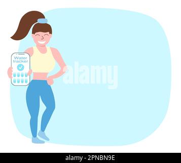 Girl with mobile phone shows water tracker app, smartphone with application for remind drink water, stay hydrated concept, copy space, vector illustration Stock Vector