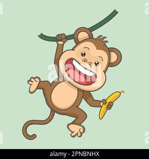 Cute Hanging Monkey Holding Banana Stock Vector