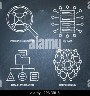 Data classification and deep learning chalkboard icon set. Vector illustration. Stock Vector