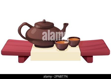 Traditional Japanese kettle or teapot with cups on wooden table, tea ceremony in cartoon style isolated on white background. Vector illustration Stock Vector