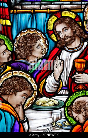 Song Vinh Church. Stained glass.  The Last Supper. The final meal that Jesus shared with his Apostles in Jerusalem before his crucifixion. Vietnam. Stock Photo