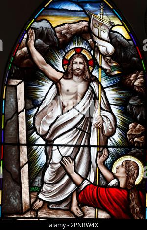 Song Vinh Church. Stained glass.  The resurrection of Jesus Christ on the third day  after his crucifixion.  Vietnam. Stock Photo