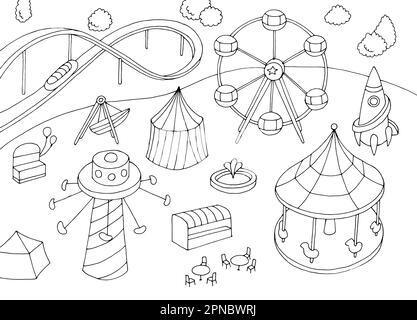 Amusement park landscape aerial view graphic black white sketch illustration vector Stock Vector